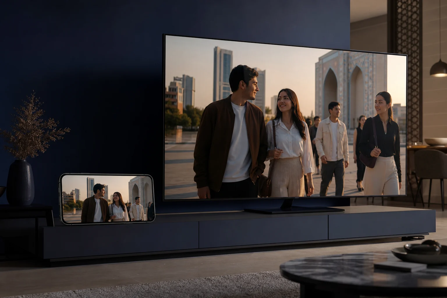 Видеореклама Brandformance на Smart TV и смартфоне в современной гостиной